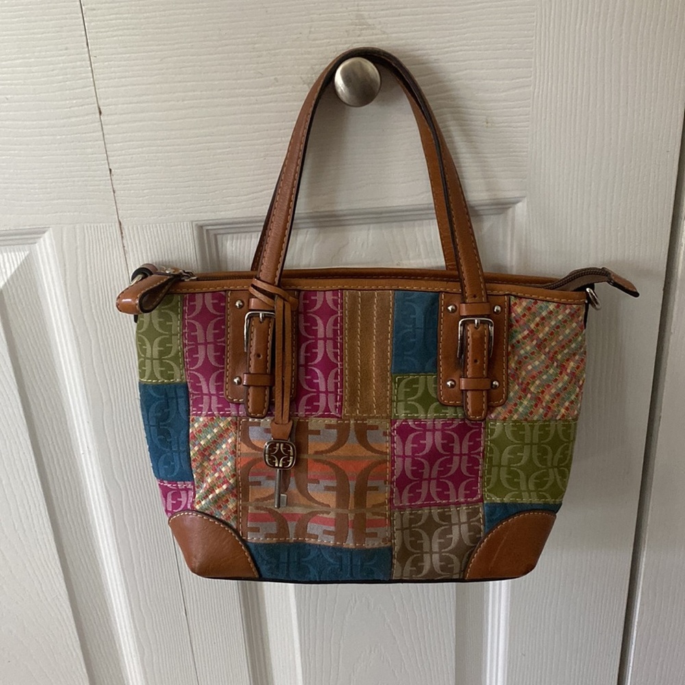 Vintage Fossil Multicolor Patchwork Leather Trim & Canvas Tote Bag/shoulder bag - Picture 5 of 16